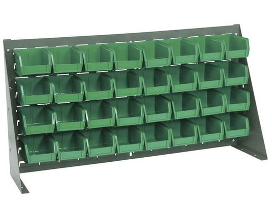 Heavy-Duty Bench Rack with 32 Green Bins, 36-Inch Width - Image 1