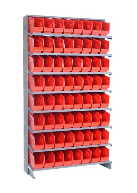 Heavy Duty Steel Shelving Unit with 64 Red Bins - Image 1