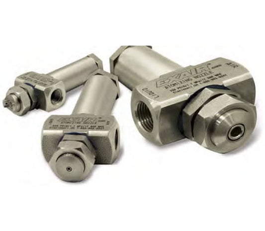 No Drip External Mix Atomizing Spray Nozzle - 1/4 NPT Narrow Angle Flat Fan Pattern - Image 1