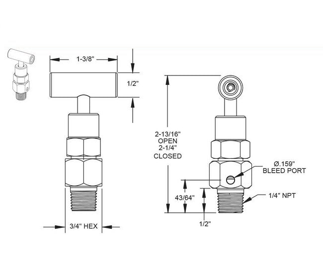 Brass Bleed Needle Valve with Hard Seat 0.159" Bleed Port - Image 2