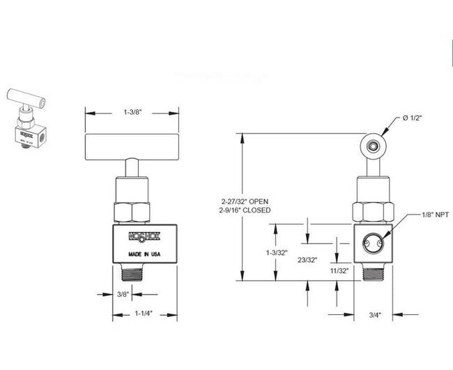NOSHOK 150 Series Mini Brass Needle Valve, 1/8" NPT Male x Female Angle - Image 3