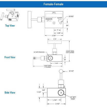 NOSHOK 2000/2100 Series 2-Valve Manifold Valve, Hard Seat, 1/2" NPT Female x 1/2" NPT Female, Steel - Image 2