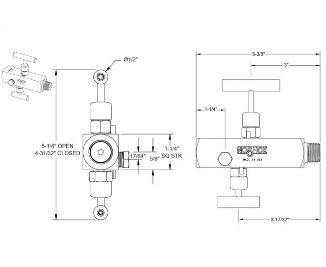 NOSHOK 2170 Series Block and Bleed Needle Valve, 1/4" NPT, 316 Stainless Steel - Image 2