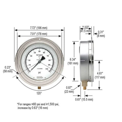 NOSHOK 800 Series Precision Test Gauge - 6" SS Case, Copper Alloy Internals, -30inHg, 1/4" NPT - Image 3