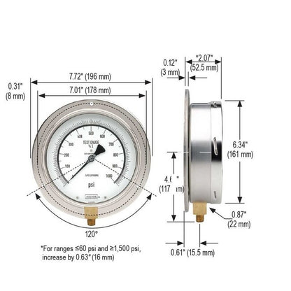 NOSHOK 800 Series Precision Test Gauge - 6" SS Case, Copper Alloy Internals, -30inHg, 1/4" NPT - Image 4