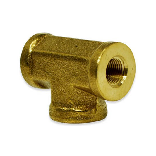 3/8 Inch (in) Female National Pipe Thread (FNPT), 3/8 Inch (in) Female National Pipe Thread (FNPT), and 1/4 Inch (in) Female National Pipe Thread (FNPT) Brass Reducing Tee - Image 1