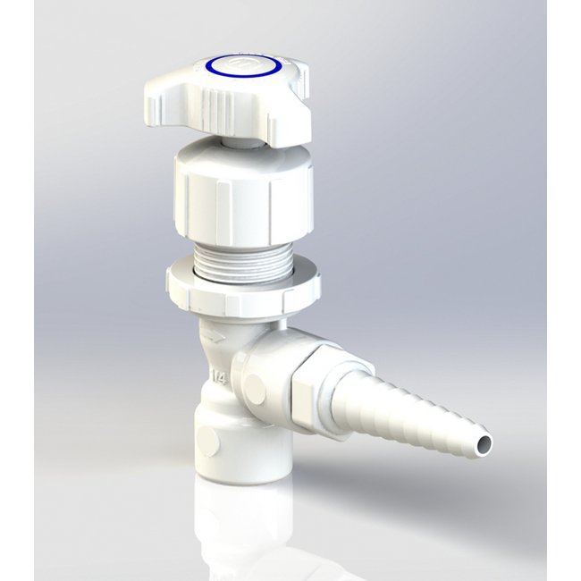 PVC Angle Pattern Needle Valve - 1/4" NPT x 1/4-1/2" Barb Outlet - Image 1