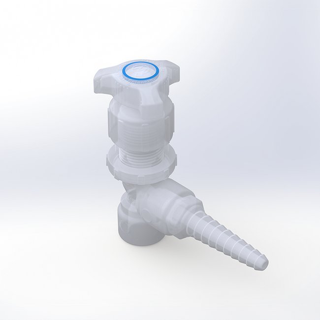High Purity PVDF Needle Valve - 3/8" NPT x 1/4"-1/2" Tube ID Barb Tip Outlet - Image 1