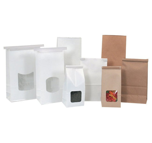 White Poly-Lined Gusseted Paper Storage Bags with Window, 4-3/4" x 9-1/2" - Image 1