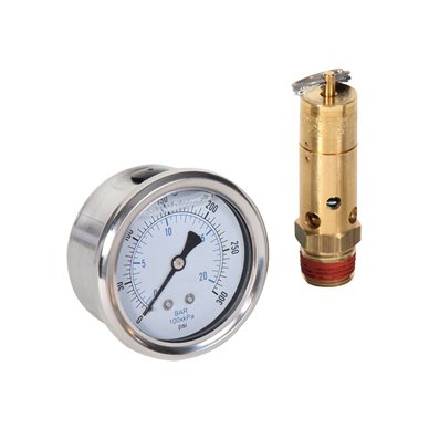 1/2" 200 PSI Safety Relief Valve Kit with Liquid Filled Gauge - Image 1