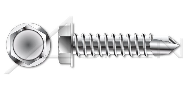 AISI 304 Stainless Steel (18-8) 1/4 Inch (in) A/F Needle Point Hex Slotted Indented Washer Head Self-Piercing Screw - Image 1