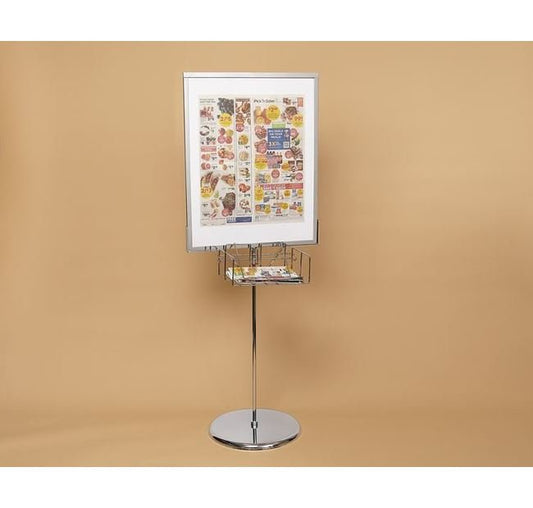 Chrome Finish Poster Stand with Literature Basket Option - Image 1