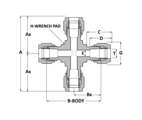 Alloy 400 Griplok Union Cross Tube Fitting - 1" TF x 1" TF x 1" TF x 1" TF - Image 2