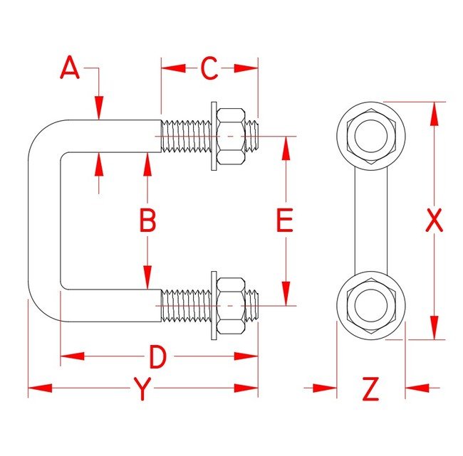 304 Stainless Steel Square U-Bolt 3/8" with Nuts and Washers - Image 2
