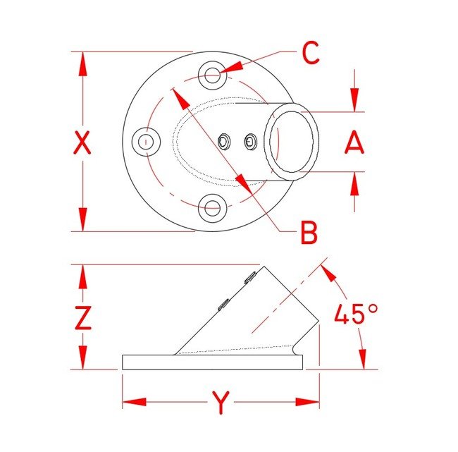 Suncor 45 Degree Round Rail Base - Grade 316 Stainless Steel - Image 2