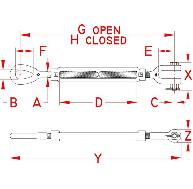 Grade 316 Stainless Steel Forged Jaw and Eye Turnbuckle - Image 2