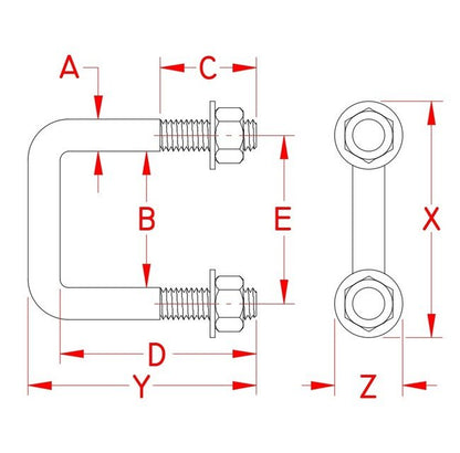 Square U-Bolt - Stainless Steel 3/8" UNC Thread with Nuts and Washers - Image 2