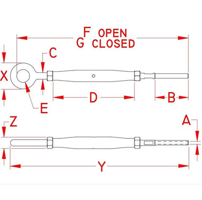316 Stainless Steel Closed Body Gate Eye Hand Swage Stud Turnbuckle - Image 2