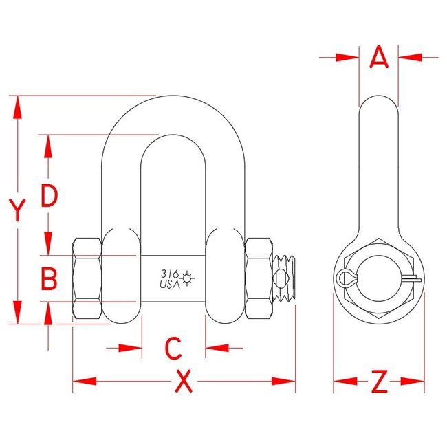 Suncor US Bolt Chain Shackle, Grade 316 Stainless Steel, 1,300 lb WLL - Image 2