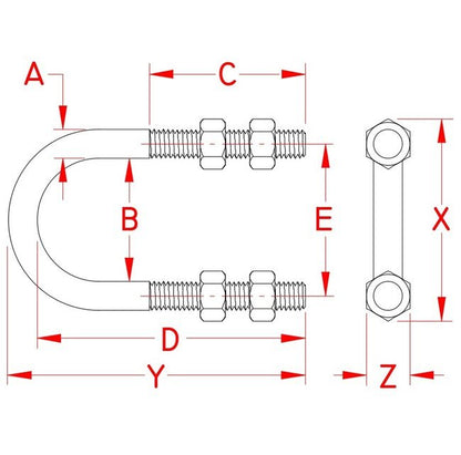 Stainless Steel Long U-Bolt Kit with Nuts, 304 SS, 7/8 in x 12.88 in - Image 2