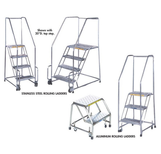 Stainless Steel Spring Loaded Rolling Ladder - 20" Base Width x 19" Base Length - Image 1