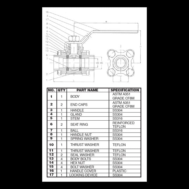 Stainless Steel 3/4'' 1000/400 WOG 3 Piece Ball Valve - Image 2