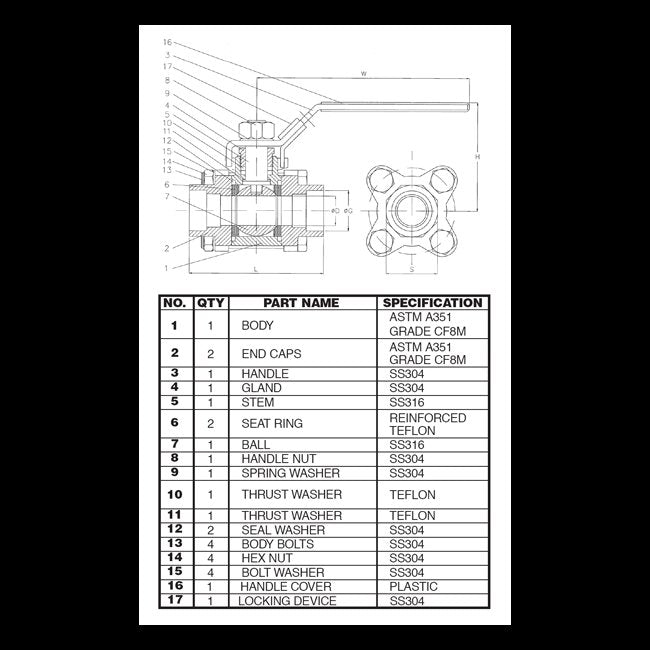 Stainless Steel 1000 WOG 3 Piece Ball Valves - 2 Inches - Image 2