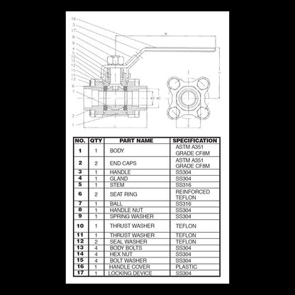 Stainless Steel 1000/400 WOG 3 Piece Ball Valve - 1/4 Inches - Image 2
