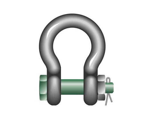 Green PinÂ® Bow Shackle with Safety Bolt - Hot Dip Galvanized, WLL 13.5T - Image 1
