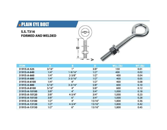 Stainless Steel Plain Eye Bolt T316 - 1/4" - 20, 400lbs WLL - Image 2