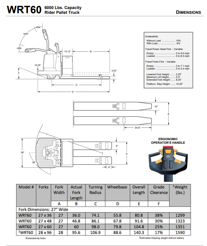Big Joe WRT60 Electric Power Pallet Truck, 27 x 60 in Forks